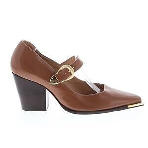 Schutz Womens Carmel Brown Leather Block Heel Gold Toe Mary Jane Pumps size11